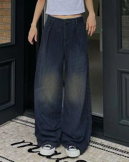 Washed Casual Loose Retro Blue Jeans Simple Fashion High Waist Wide Leg