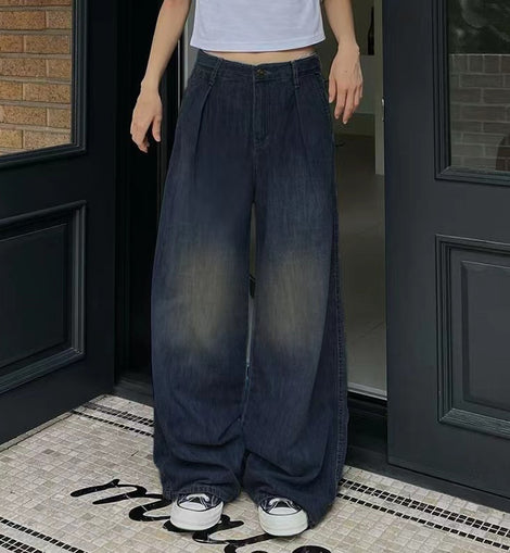 Washed Casual Loose Retro Blue Jeans Simple Fashion High Waist Wide Leg
