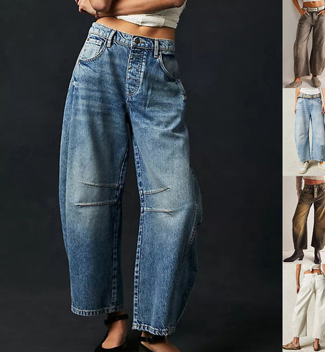 High Stretch Mid-Rise Barrel Jeans Fashion Wide Leg Shape Women Casual Baggy Mid Waist Denim Jeans