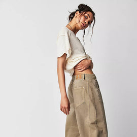 High Stretch Mid-Rise Barrel Jeans Fashion Wide Leg Shape Women Casual Baggy Mid Waist Denim Jeans