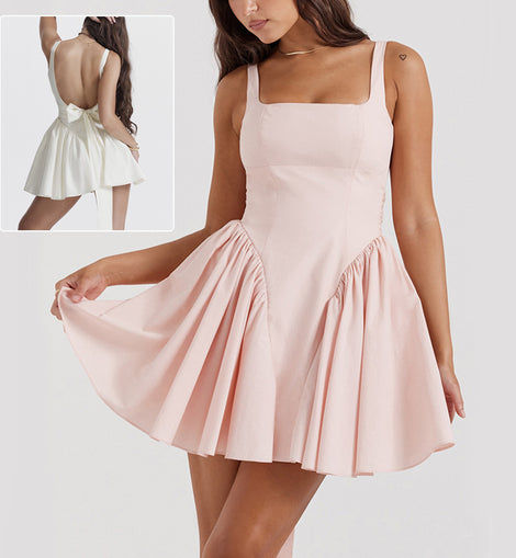 Square Neck Sleeveless Dress With Backless Bow Design Summer Slim Short Dresses For Women Clothing