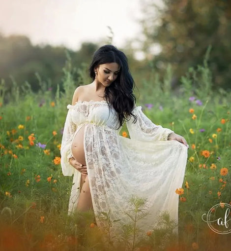 Maternity Maxi Dresses Off Shoulder Mesh Lace Maternity Photoshoot Gown