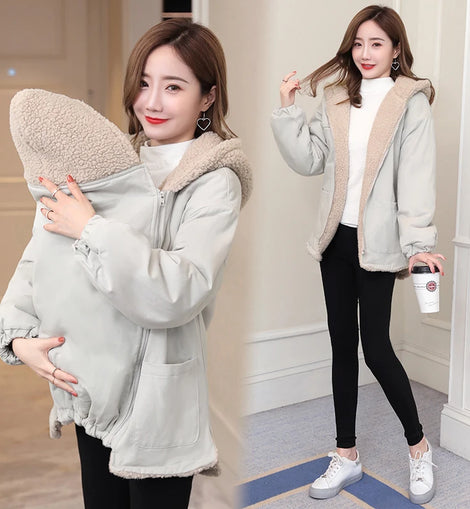 Detachable Women Maternity Baby Carrier Hoodie Jacket with Zipper Kangaroo Coat