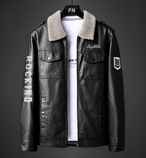 Turn-down Collar Coat Fleece-lined Thickened Slim Fit Trend Motorcycle Clothing