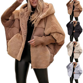 Women's Loose Cotton Coat Faux Fur Patchwork Winter Coat Long Sleeve Hooded Jacket
