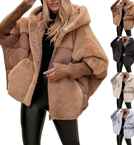 Women's Loose Cotton Coat Faux Fur Patchwork Winter Coat Long Sleeve Hooded Jacket
