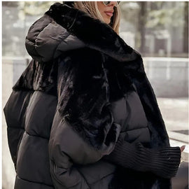 Women's Loose Cotton Coat Faux Fur Patchwork Winter Coat Long Sleeve Hooded Jacket