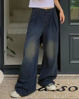 Washed Casual Loose Retro Blue Jeans Simple Fashion High Waist Wide Leg